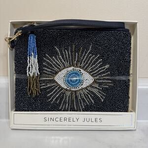 Sincerely Jules EVIL EYE Beaded Wristlet Clutch Navy Blue Zip Close NEW IN BOX